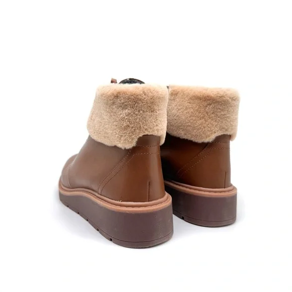 Clarks Leighly Lace Up Leather Boots with Faux Fur Cuff Brown Size 8 - Picture 4 of 11